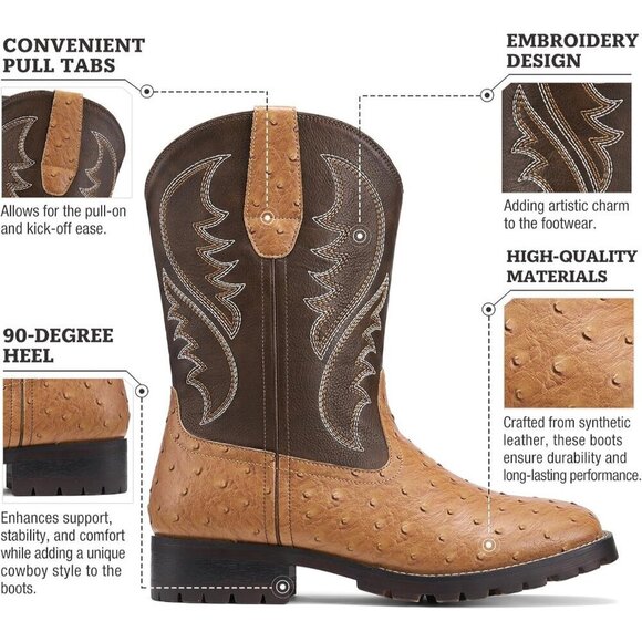 Men\'s Brown Square Toe Chunky Heel Mid-calf Classic Embroidered Pull On Boots main image 5